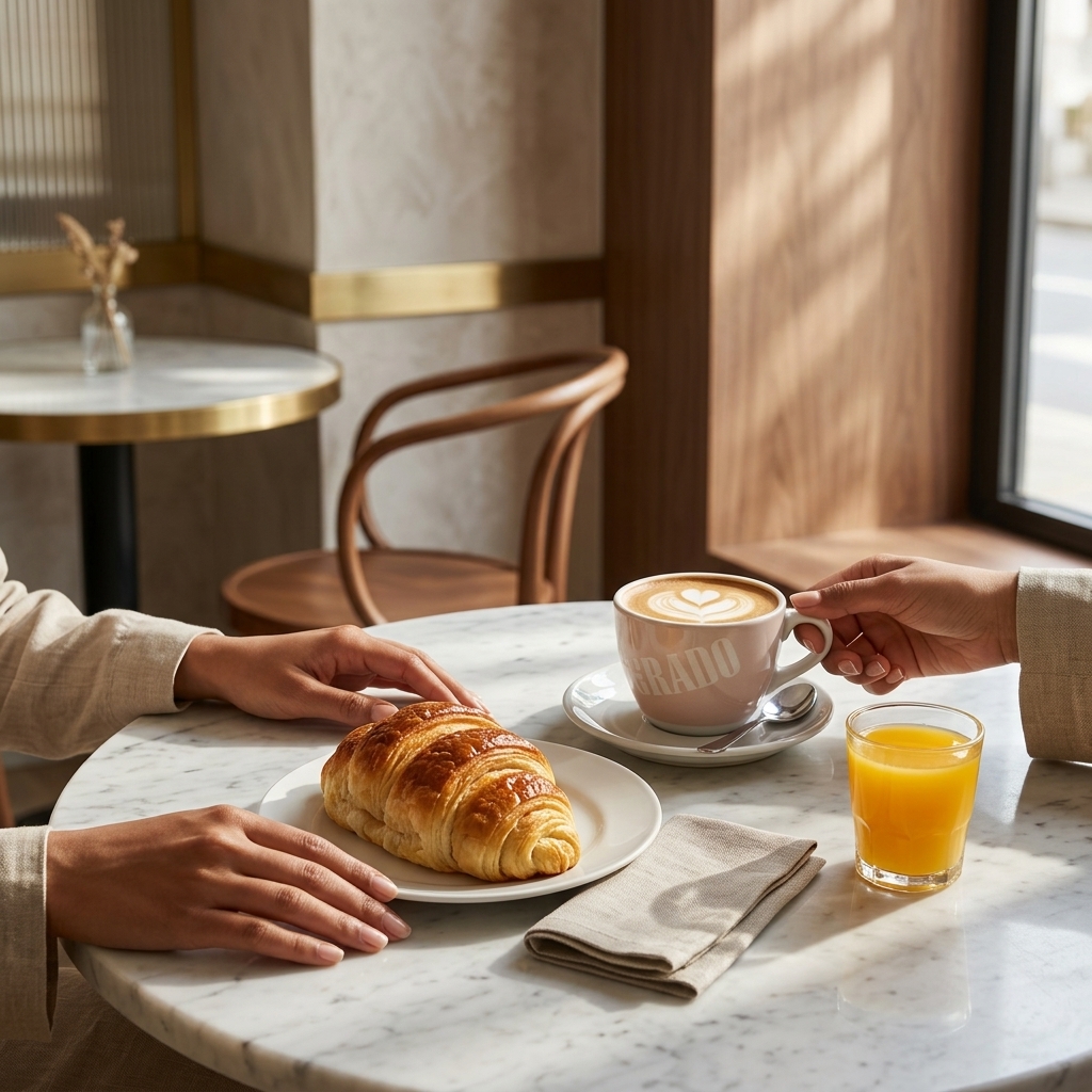 Desayuno en Küme café — croissant, café con leche y zumo